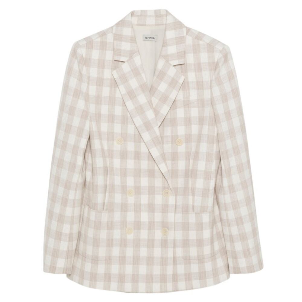 SIMKHAI Margaux Checked Double-Breasted Blazer Size 12 Beige